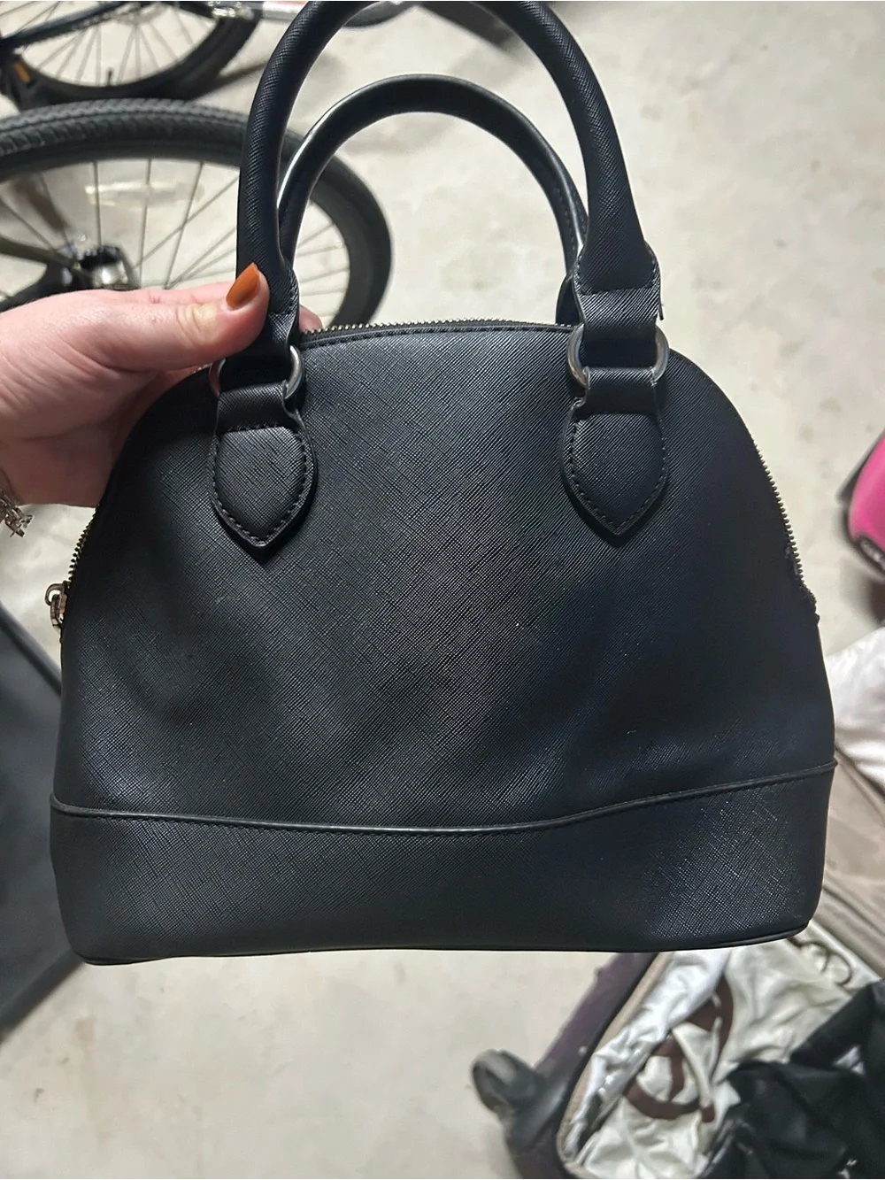Steve Madden Black Dome Leather Satchel with Embossed Logo